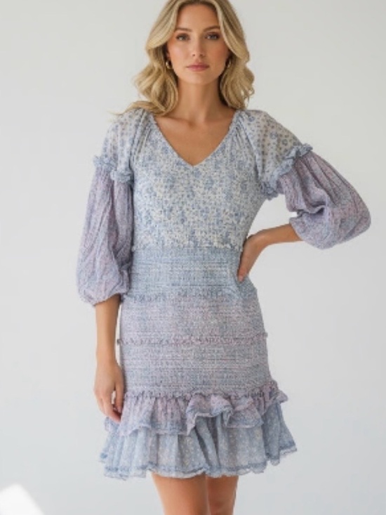 LoveShackFancy Dresses & Skirts - LoveShackFancy Light Blue & Lavender Floral Smocked Midi Dress